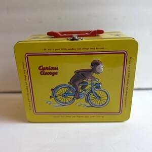 Curious George Metal Lunch Box Yellow Bicycle Red Handle Collectible Tin